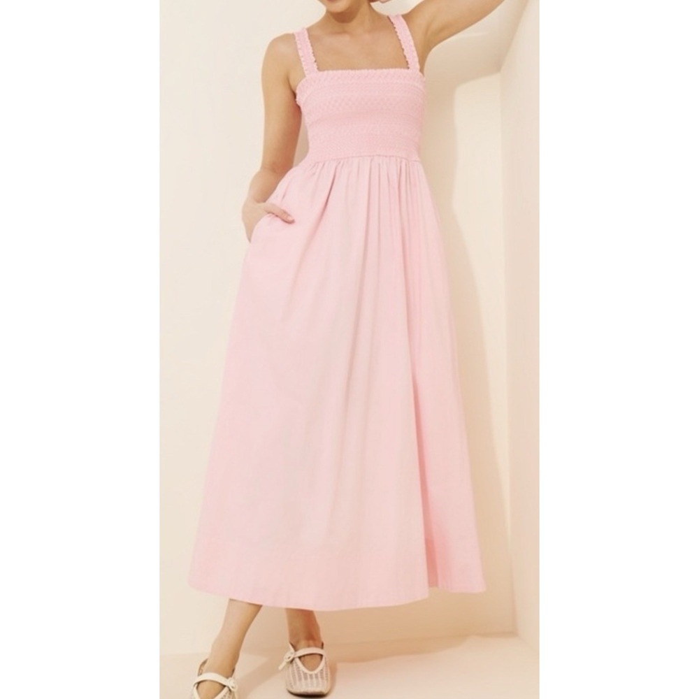 PISTOLA Genevieve Smocked Midi Maxi Dress Sz L Pink Salt Poplin Cotton Pockets